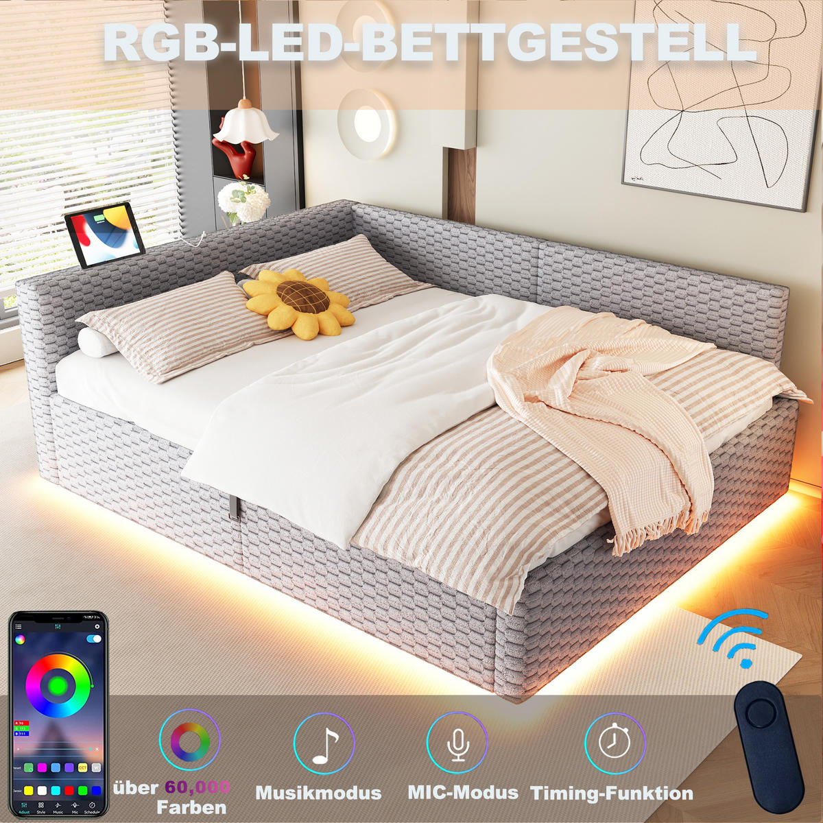 POLSTERBETT 140/200 cm Grau mit LED-Beleuchtung, USB-C-Anschluss und 2 USB-Anschlüssen - Grau, Textil (140/200cm) - Oxeza