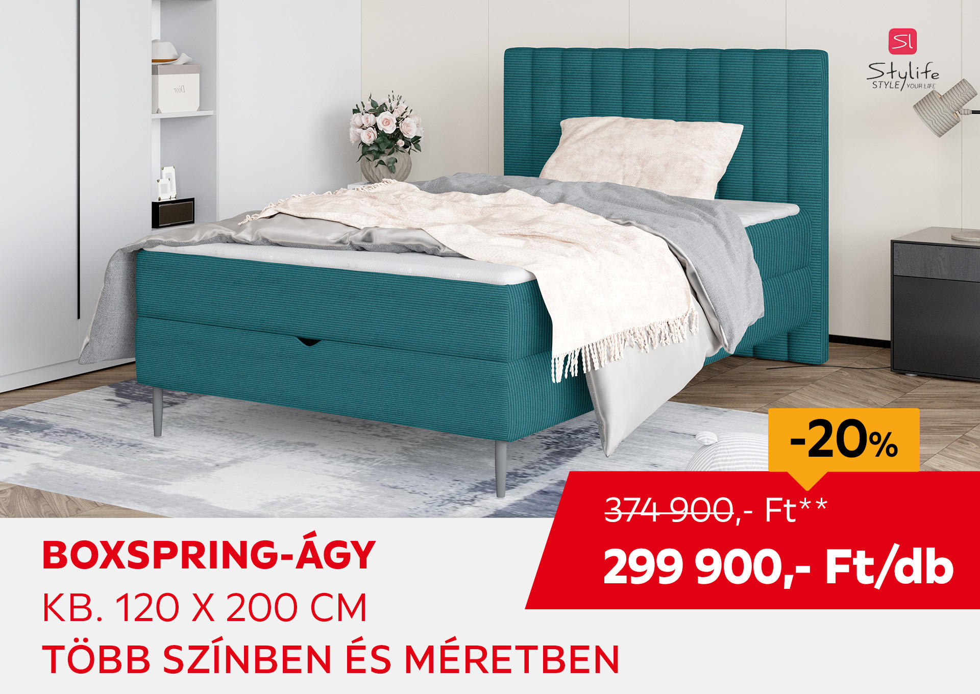 BOXSPRING-ÁGY KB. 120 X 200 CM Kiemelt termék 374900 Ft.- helyett 299900 Ft.-