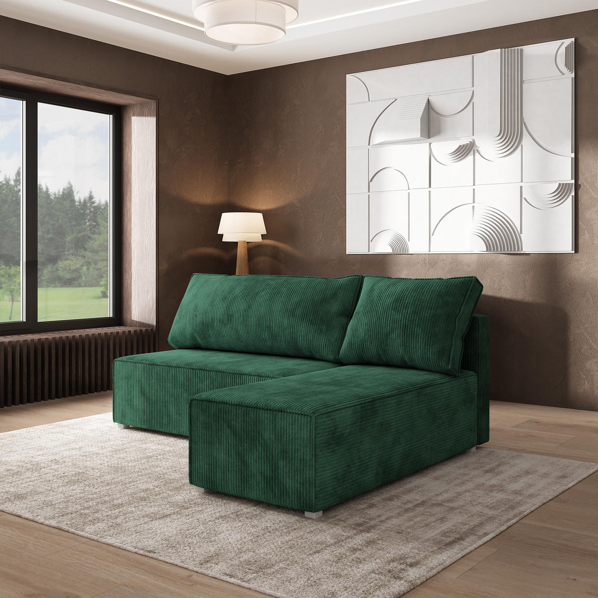 ROHOVÁ SEDAČKA BRISO tmavě zelená - šedá/tmavě zelená, dřevo/textil (200/140cm) - MASSENO