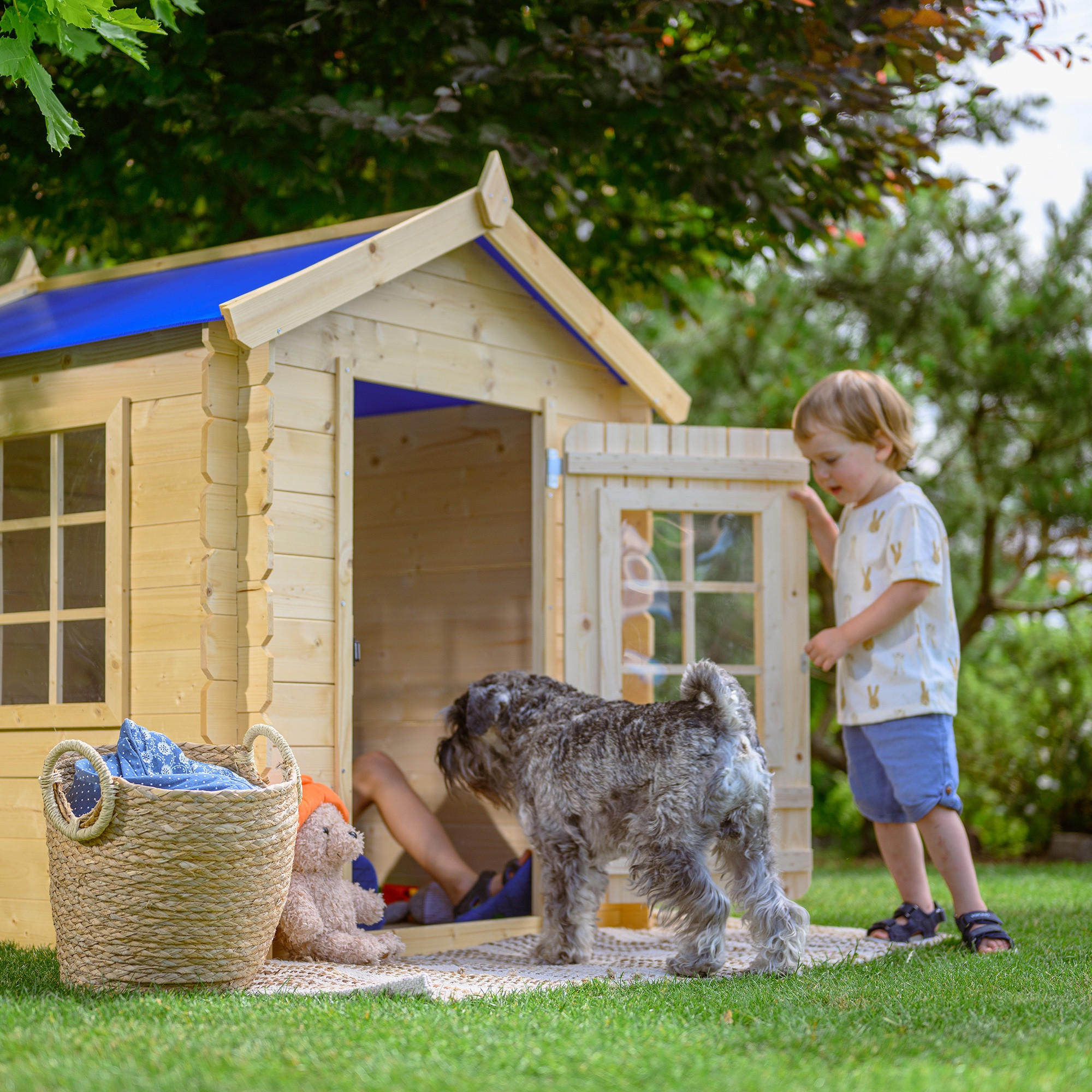 KINDERSPIELHAUS aus Holz - 111x113xH121 cm/0.9 m2 - M570M-1 - Blau/Beige, Holz (114/121/111cm) - Timbela