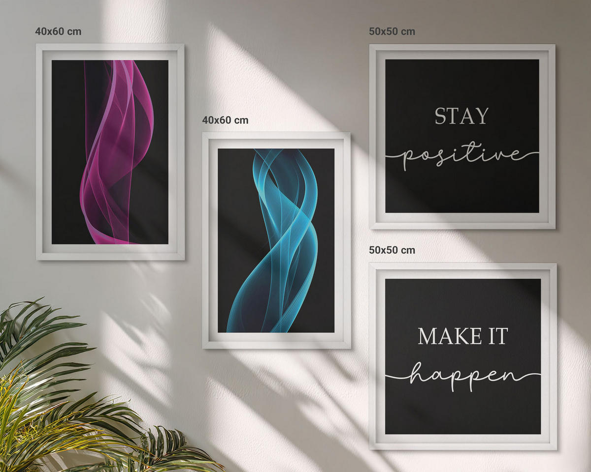 WANDBILDER 4er-Set - 50x50 cm & 40x60 cm Weißer Rahmen - Neonlinienwellen im Hintergrund - Weiß, Kunststoff (50/50cm) - ArtPrintCave