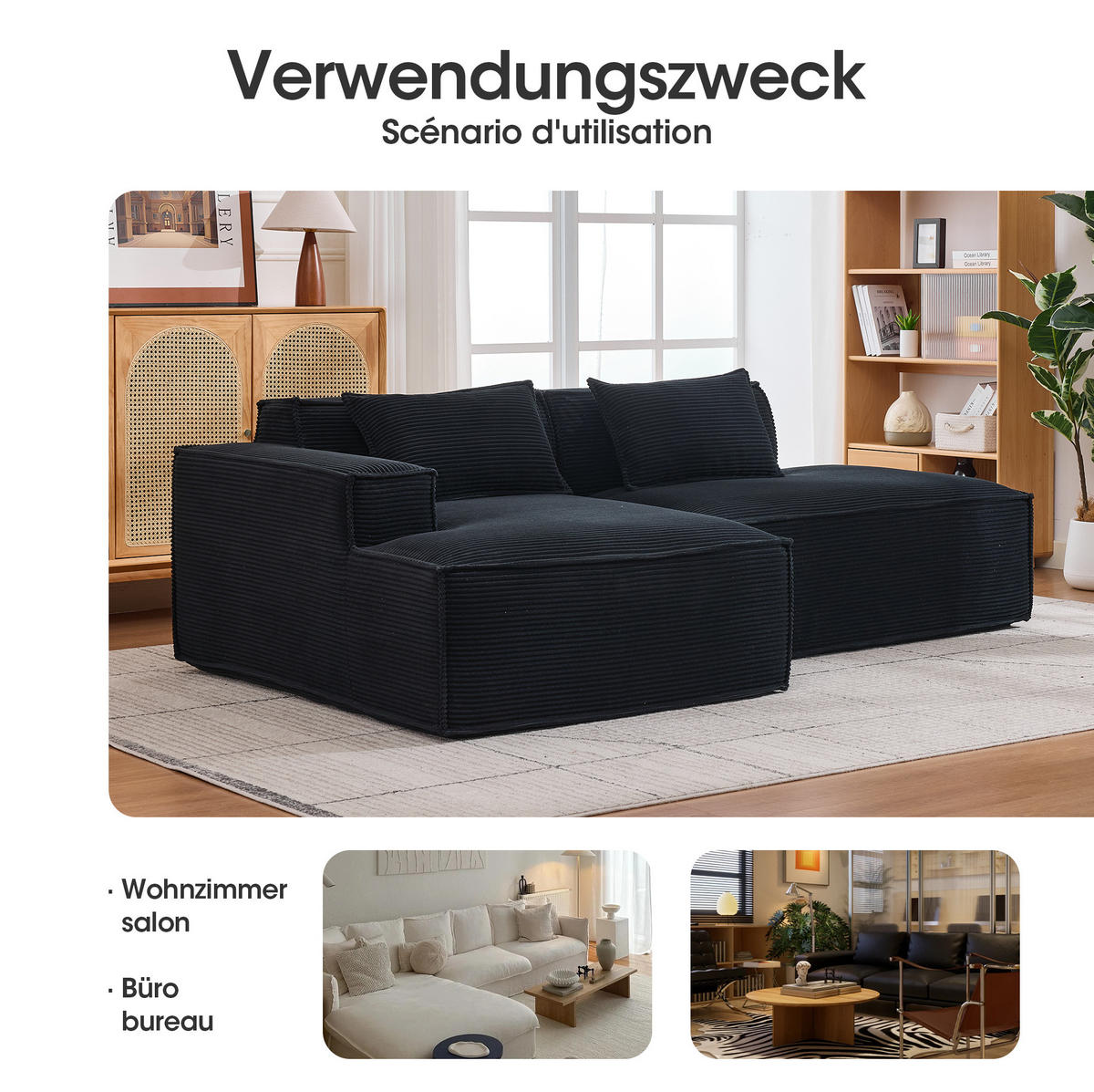 ECKSOFA aus Polyester 235 cm Schwarz mit Taschenfederkern und pflegeleichtem Bezug, kompakt für kleine Räume - Schwarz, Textil (235/129cm) - Modfu