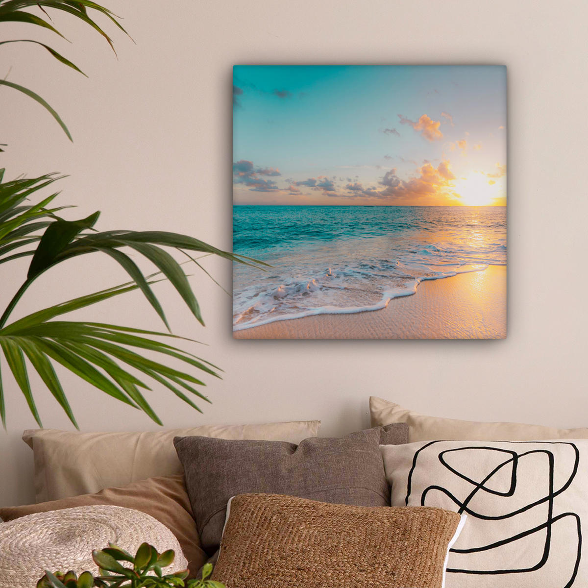 LEINWANDBILD - Sonnenuntergang - Strand - Meer - Sommer - Blau - 50x50 - Room Decor - Multicolor, Textil (50/50cm) - MuchoWow
