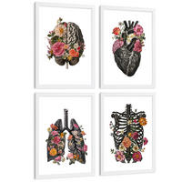 POSTER Set aus 4 Anatomie Drucke und Dekorative mit Gehirn Herz Lungen Atmungssystem Rippen Wirbelsäule Modernes Florales Größe Weißer Rahmen A4 - Weiß, Papier (21/29.7/3cm) - Nacnic