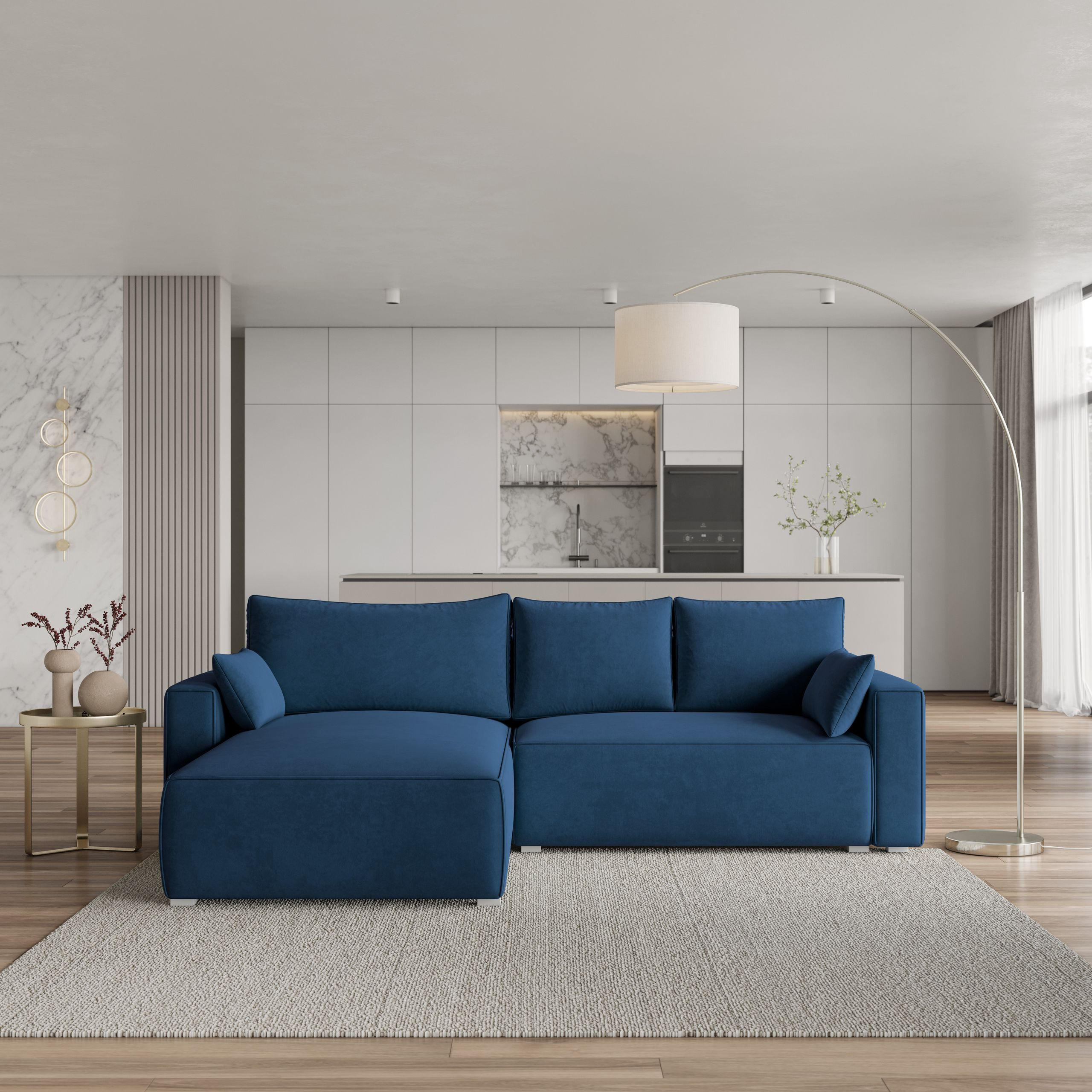 ECKSOFA FORIL Blau Velours-Stoff mit Schlaffunktion - Blau, Holz (265/178cm) - MASSENO