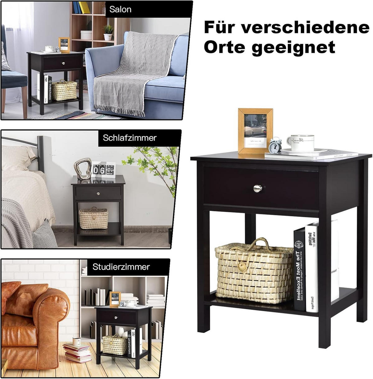 NACHTTISCH Beistelltisch Schwarz - Schwarz, Holz (40/58/48cm) - COSTWAY