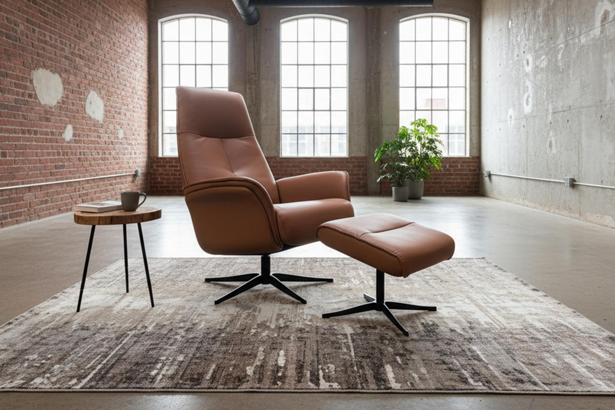 RELAXSESSEL-SET JOSIANE Braun Leder Relaxfunktion - Schwarz/Braun, Leder/Metall (78/107/87cm) - KAWOLA