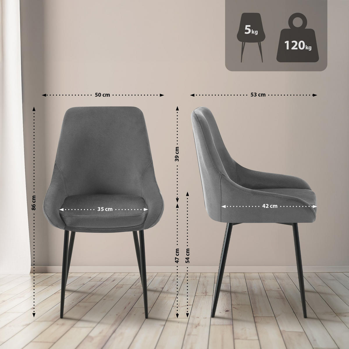 STUHL Samt Dunkelgrau - Dunkelgrau/Schwarz, Textil (50/86/53cm) - CLP