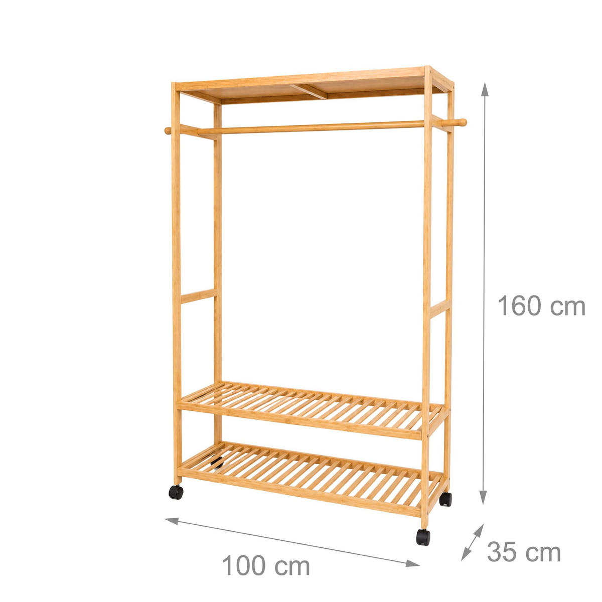 KLÄDSTÄLLNING Natur bambu med hjul - Ljusbrun, Trä/Plast (100/160/35cm) - Relaxdays