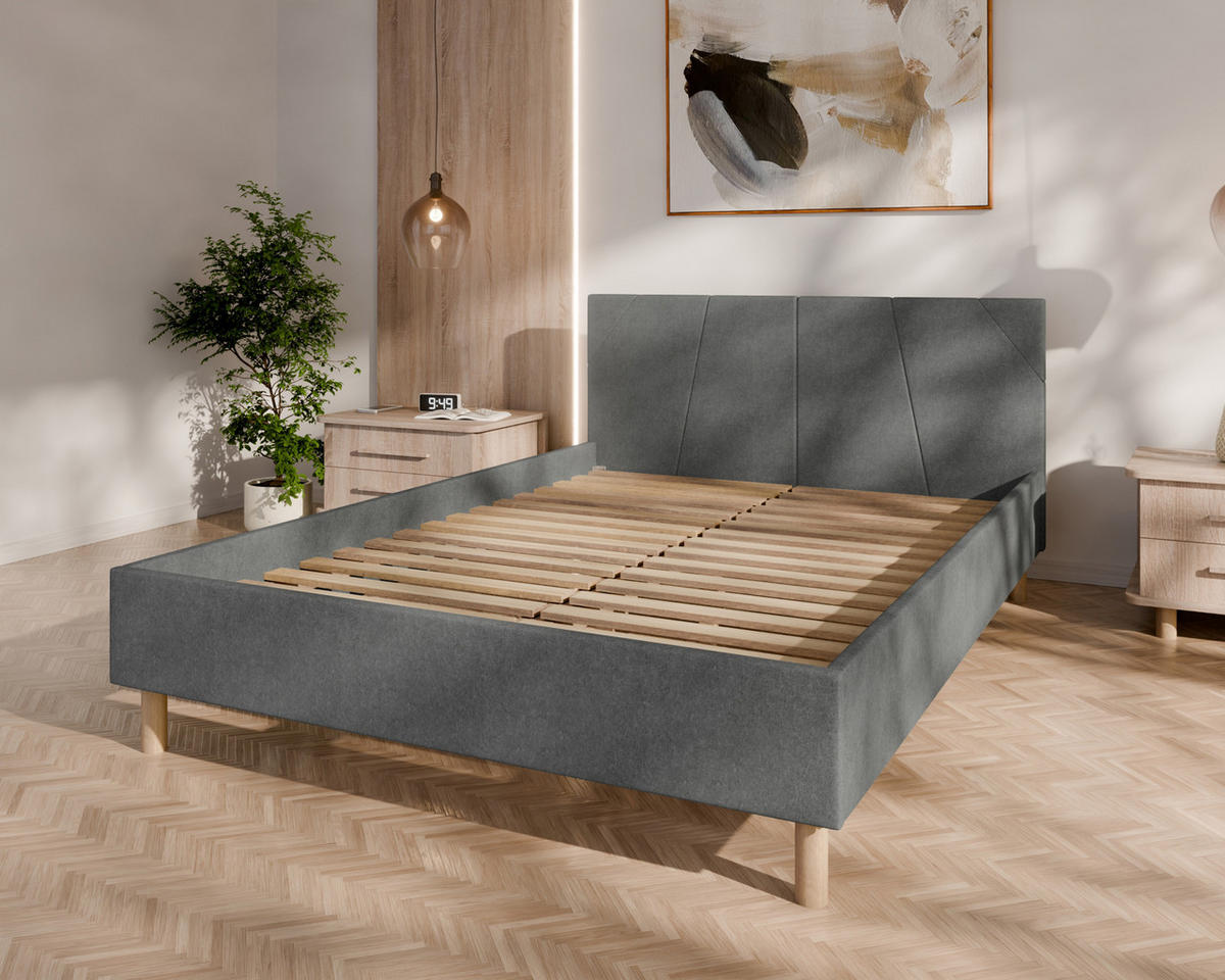 POLSTERBETT ALMORE 140x200cm, Taschenfederkernmatratze mit Kokos KORNOS (20cm), grau - Grau, Holz - Homesy
