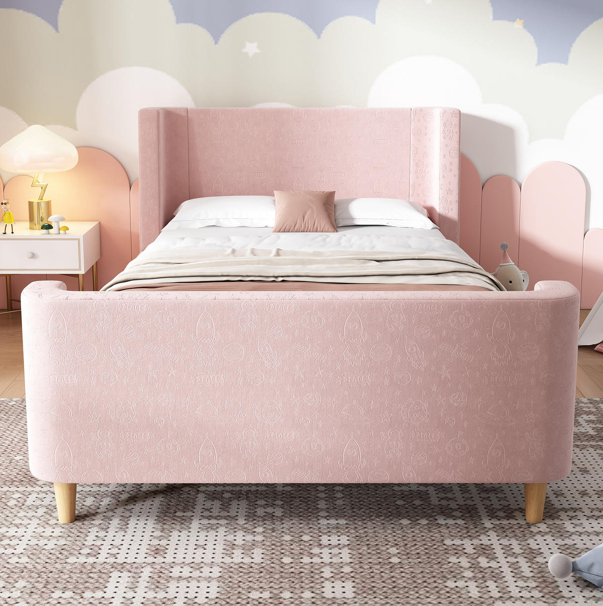 KINDERBETT 90/200 cm in Rosa mit Samtbezug und Weltraummuster - Pink, Textil (90/200cm) - BEAOK