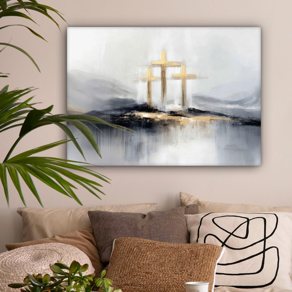 LEINWANDBILD Abstrakt - Malerei - Christentum - Kreuz Wandbilder 80x60 cm - Weiß, Textil (80/60cm) - MuchoWow