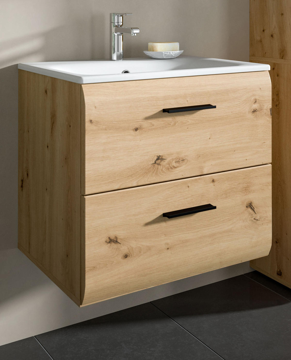 WASCHTISCH inklusive Waschbecken, Waschbeckenunterschrank Eiche hängend 60 cm - Schwarz/Eiche Artisan, Keramik/Holzwerkstoff (60/55/46cm) - Inn.Furn