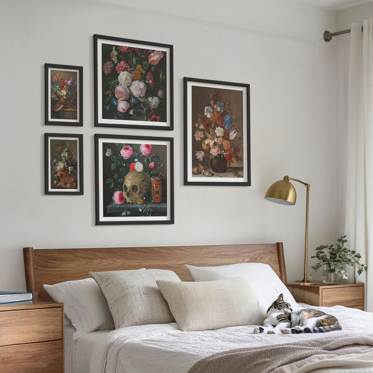 BILDER SET 5er Set - 50x50 cm & 20x30 cm & 40x60 cm Schwarzer Rahmen - Pfingstrosenporträt einer Frau für Zuhause - Schwarz, Kunststoff (40/60cm) - TULUP