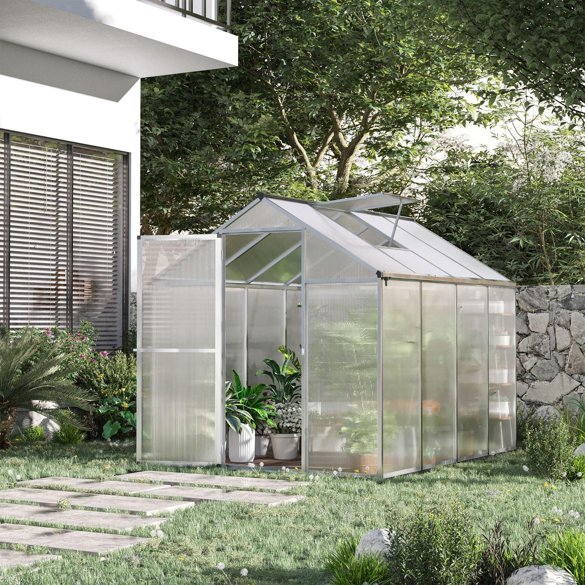 GEWÄCHSHAUS DE-11902 Aluminium Polycarbonat mit Dachluke Silber - Transparent, Metall (190/195/242cm) - ComfortXL