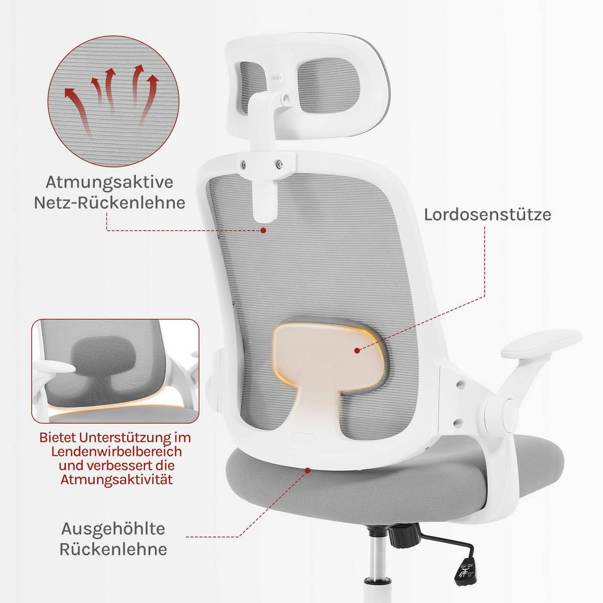 DREHSTUHL mit Wippfunktion, Netzstoff, Hellgrau - Hellgrau, Kunststoff/Textil (63.5/109.5/50cm) - Woltu