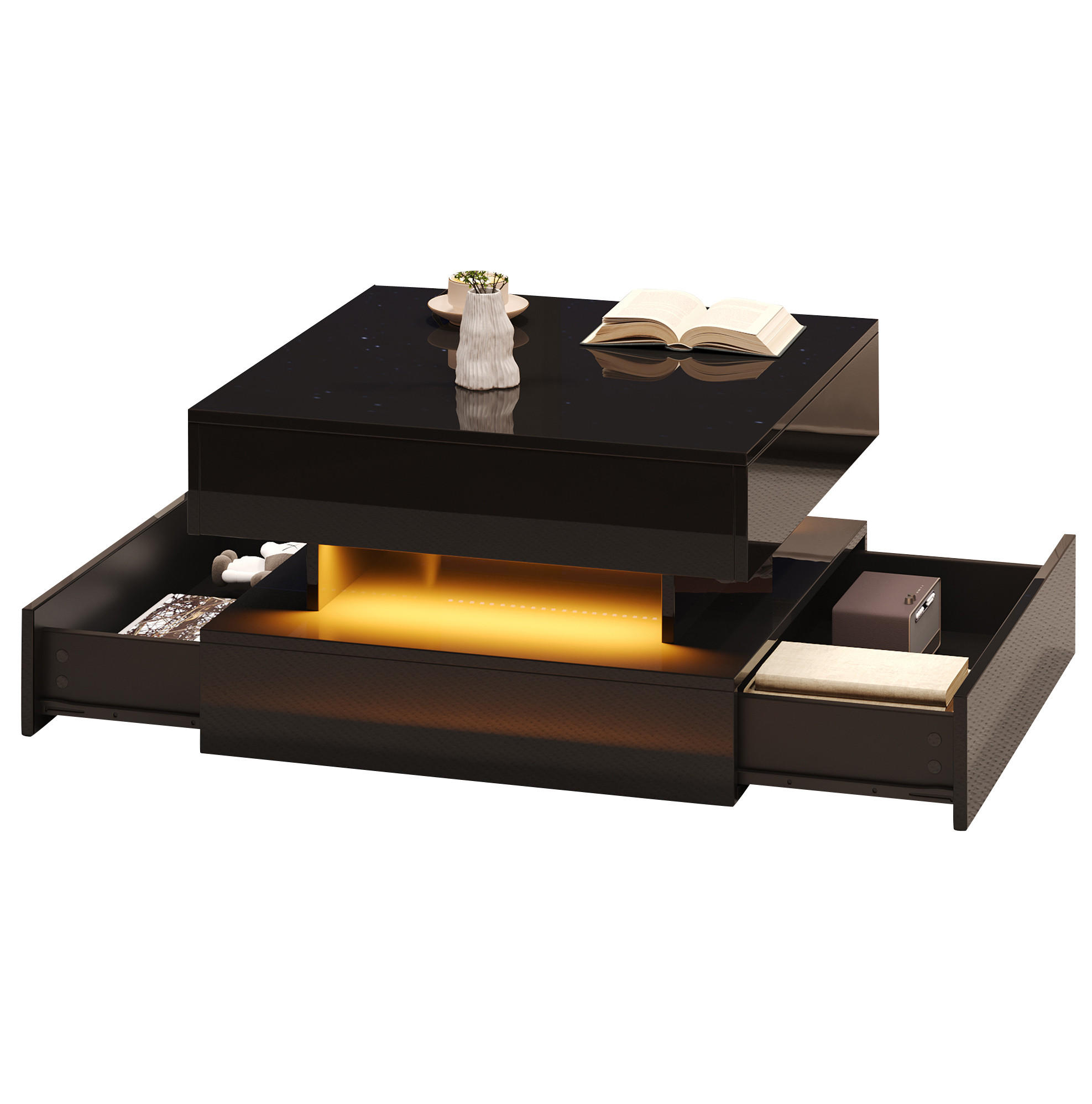 COUCHTISCH 65/65/38,5 cm in Schwarz, höhenverstellbar mit LED-Beleuchtung - Schwarz, Holzwerkstoff (65/65/38.5cm) - Flora Grace