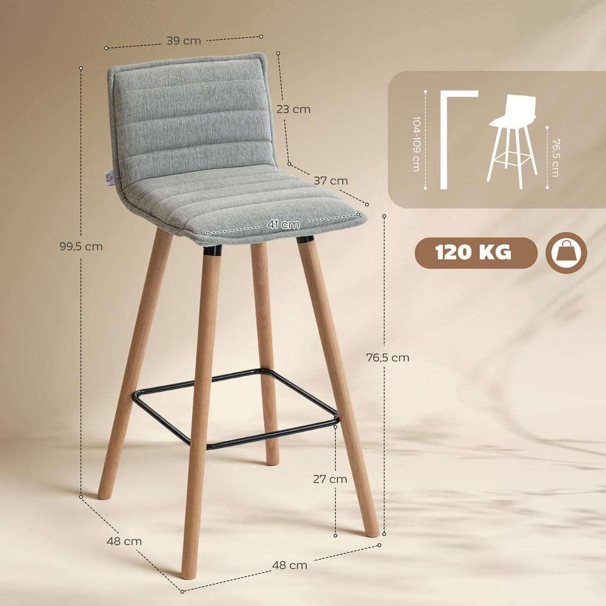 BARHOCKER 2er-Set DE-14800 gepolstert mit Rückenlehne & Fußstütze Grau - Grau, Holzwerkstoff (48/99.5/48cm) - ComfortXL
