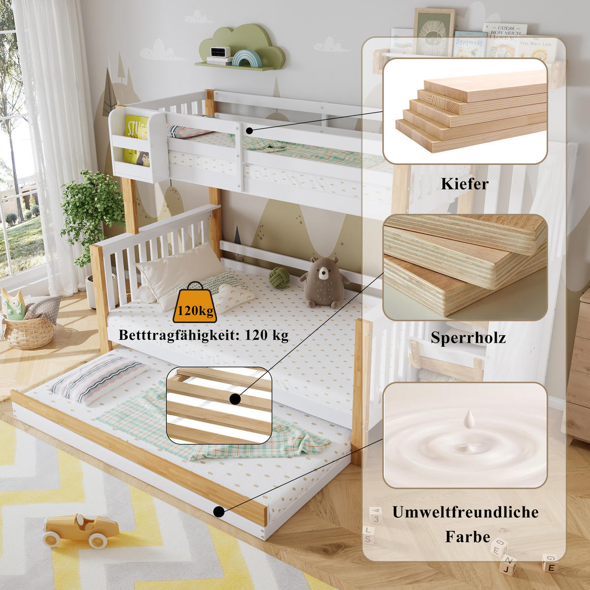ETAGENBETT 90/200 cm & 120/200 cm in Weiß & Natur mit Rollbett, Regal und Treppe - Weiß/Naturfarben, Holz/Holzwerkstoff (90/200cm) - CHICFURN