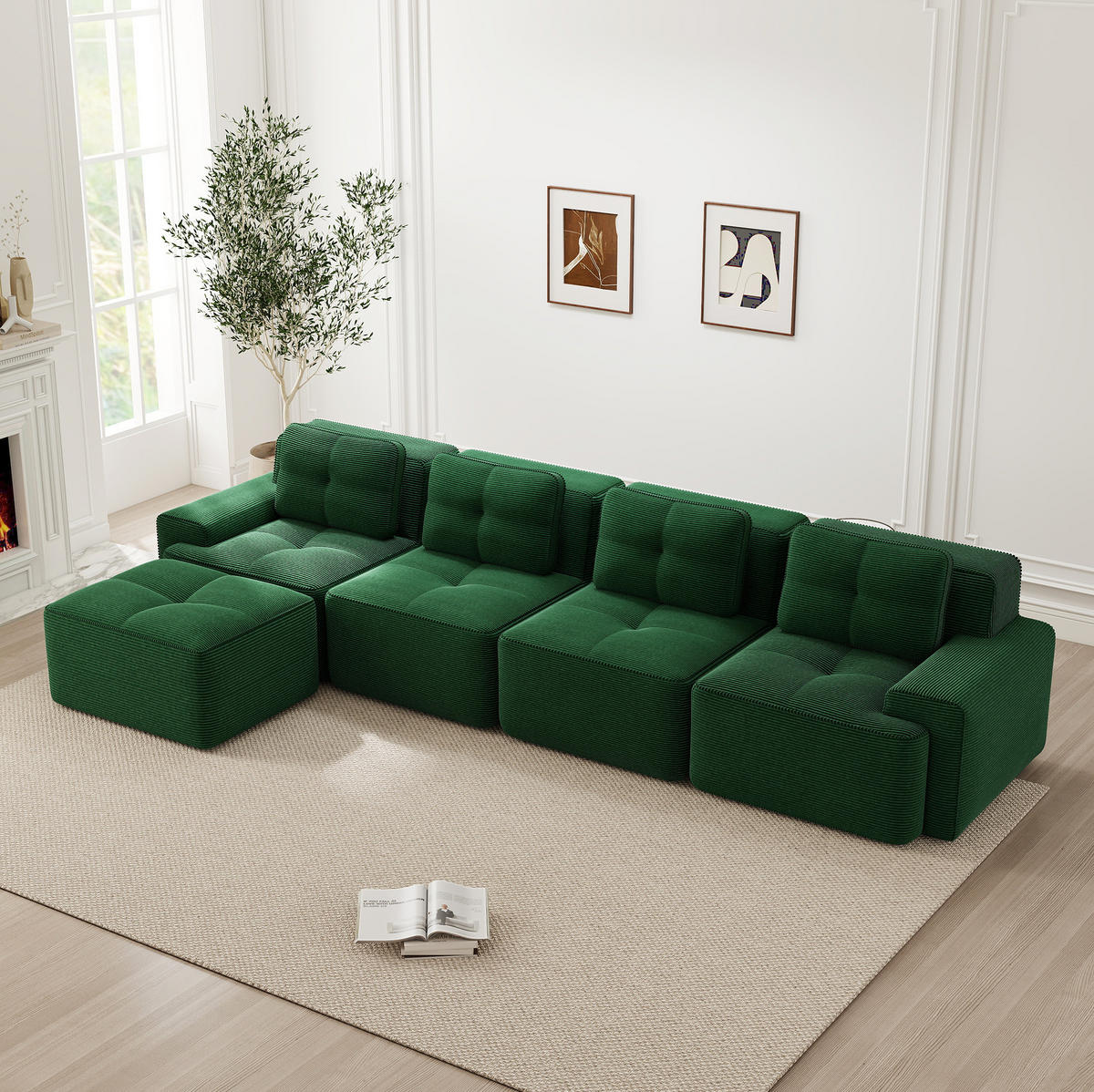SOFA modular 4-Sitzer mit Chaiselongue Cord Grün - Grün, Kunststoff (177/382cm) - Meubliv