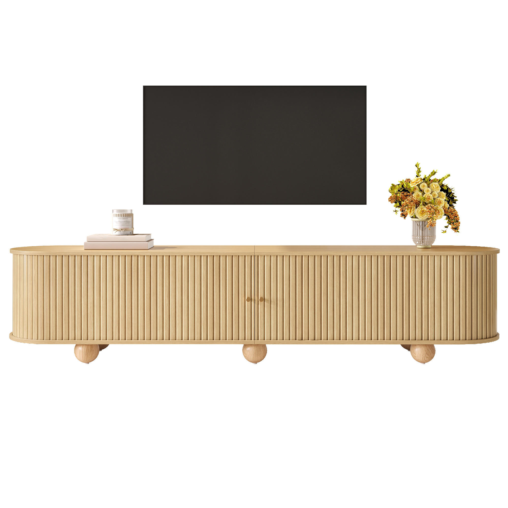 TV-LOWBOARD Rund Rillenoptik Schiebetüren Retro Kugelfüße - Naturfarben, Holzwerkstoff (180/45/35cm) - FLIEKS