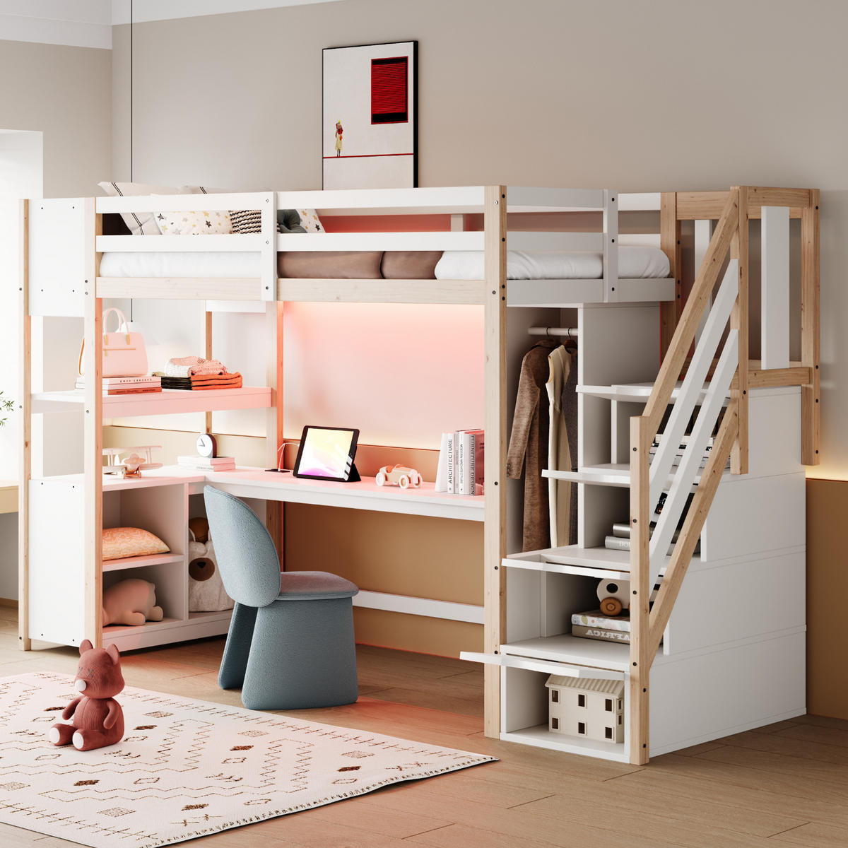 HOCHBETT 90/200 cm DE-01514, in Holzfarbe & Weiß, mit Kleiderschrank, Schreibtisch und LED-Lichtleiste - Naturfarben, Holz (90/200cm) - ComfortXL