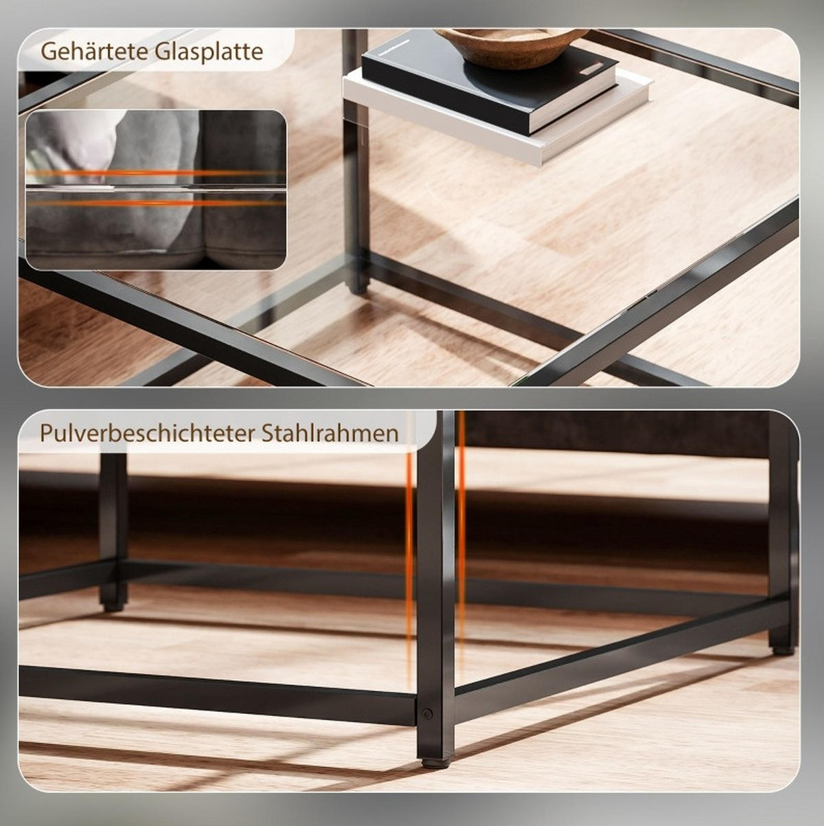 COUCHTISCH 68/68/39 cm schwarz aus gehärtetem Glas und Stahl mit industriellem Design - Schwarz, Glas (68/68/39cm) - OKMYHOME