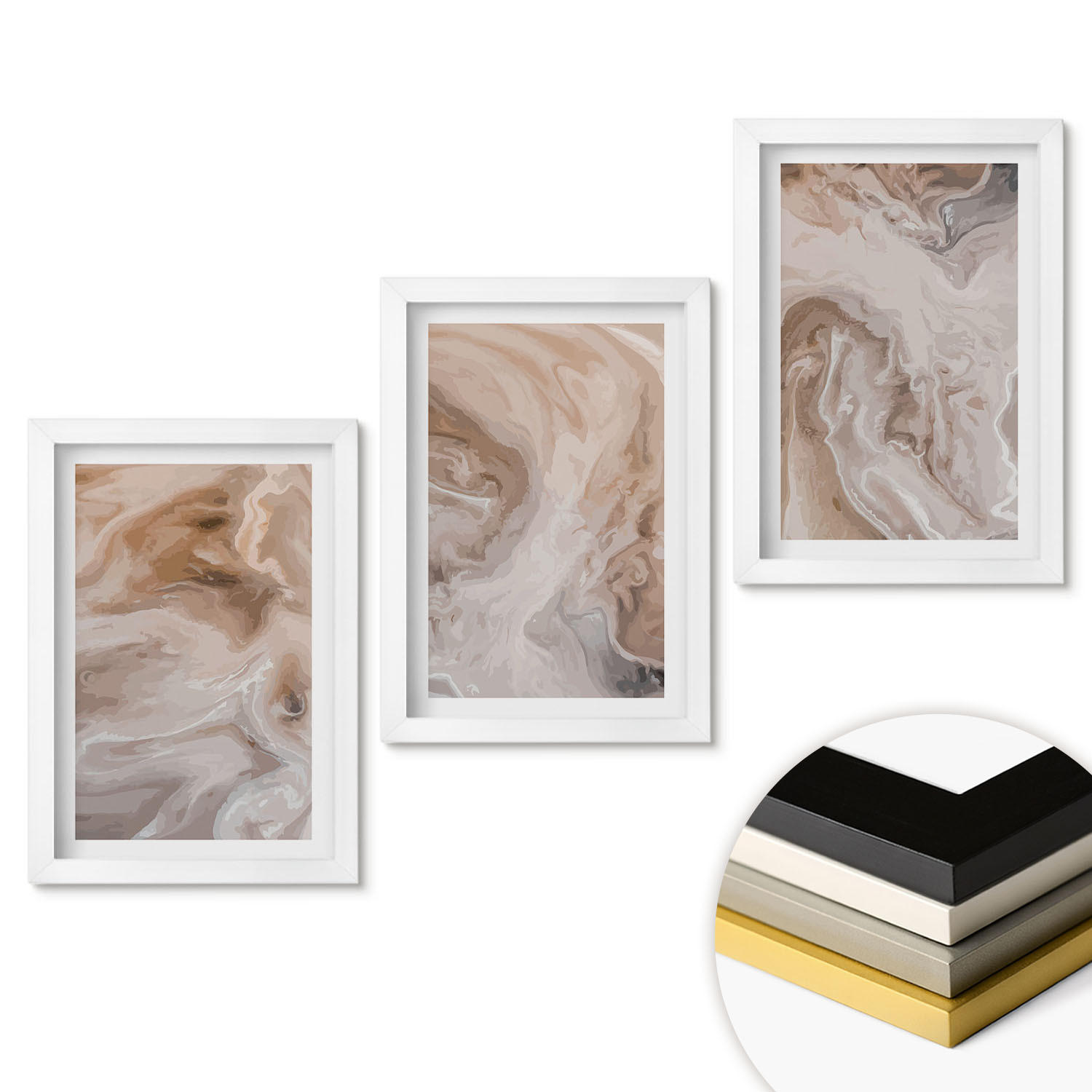 WANDBILDER 3er-Set - 20x30 cm Weißer Rahmen - abstrakte Marmortexturen - Weiß, Kunststoff (20/30cm) - ArtPrintCave