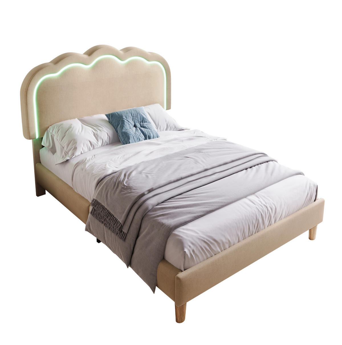 POLSTERBETT 90/200 cm Beige aus Leinen mit LED-Kopfteil - Beige, Textil (90/200cm) - OKMYHOME