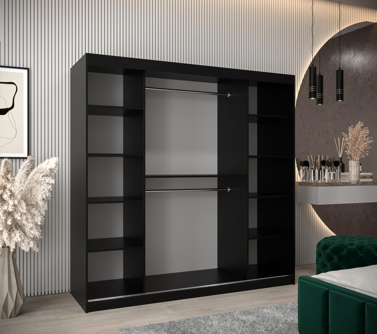 SCHWEBETÜRENSCHRANK 200/200/62 2-türig - Schwarz, Holz/Kunststoff (200/200/62cm) - Abiks Möbel