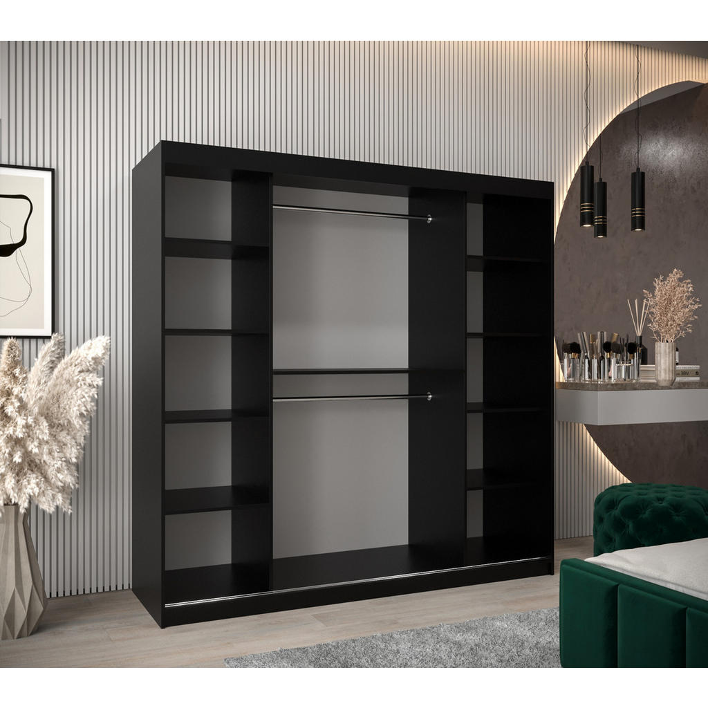 Thumbnail - Abiks Möbel Schwebetürenschrank, Schwarz, Schwarz, Kunststoff, Nachbildung, 9 Fächer, 200x200x62 cm, Schlafzimmer, Kleid...