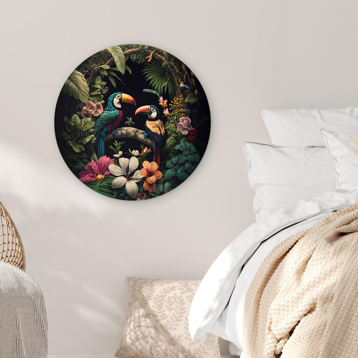 WANDBILD Vogel - Blumen - Pflanzen - Dschungel - Schwarz - Tukan Wanddeko Schlafzimmer 60x60 cm - Smaragdgrün, Kunststoff (60/60cm) - MuchoWow