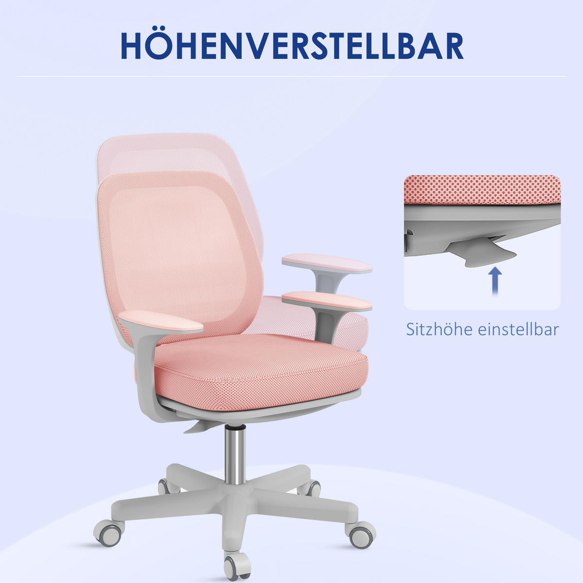 BÜROSTUHL, Ergonomisch Schreibtischstuhl mit Drehfunktion, Höhenverstellbar - Rosa/Weiß, Kunststoff/Textil (48/94.5/55cm) - Vinsetto
