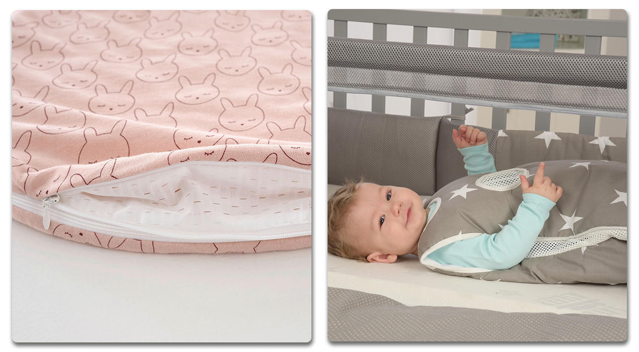 kind in grauem Schlafsack un rosaner schlafsack mit reissverschluss