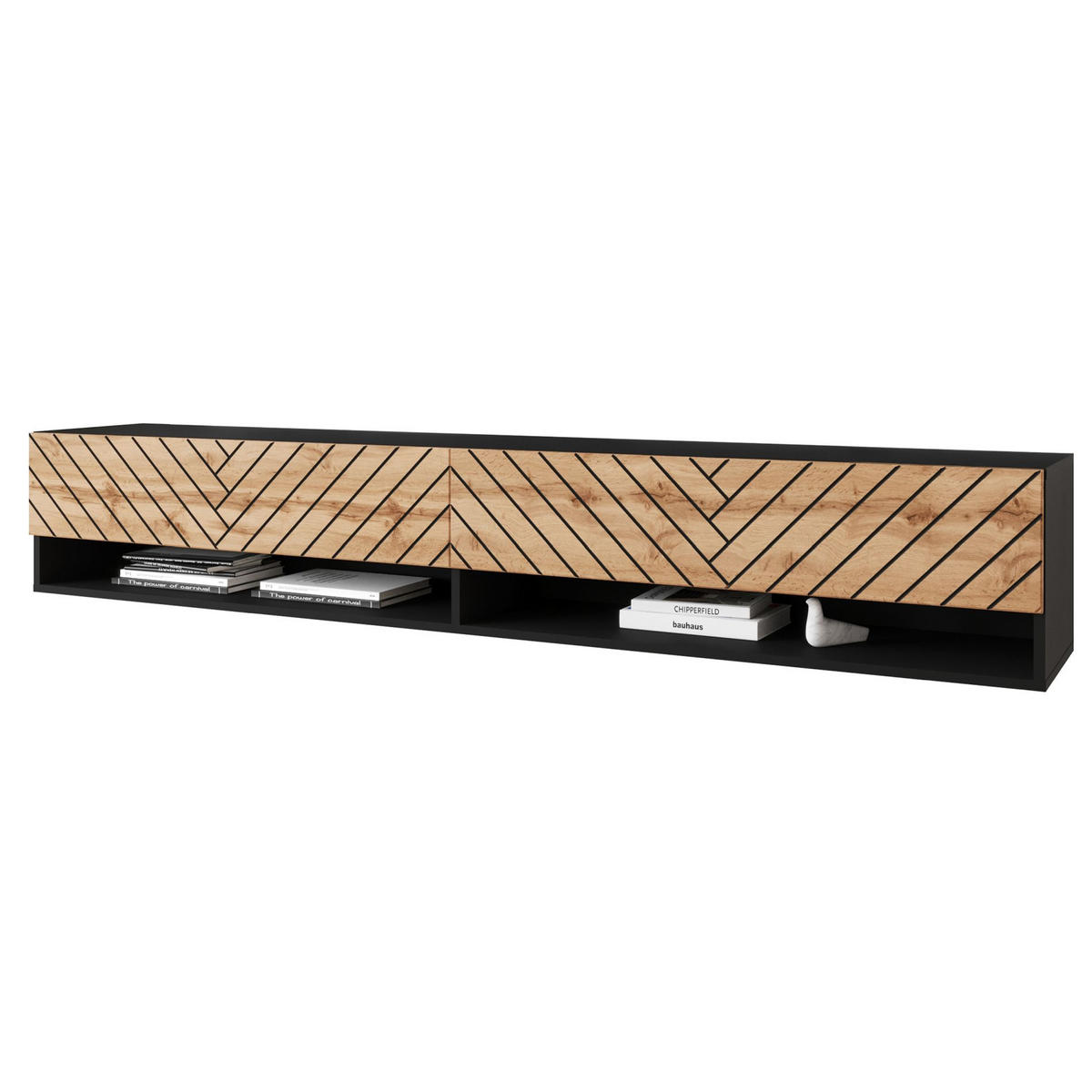 TV-MÖBEL Wander Schwarz-Grafit / Wotan-Eiche mit Fischgrätmuster 180 cm - Schwarz, Holzwerkstoff (180/30/31cm) - Selsey