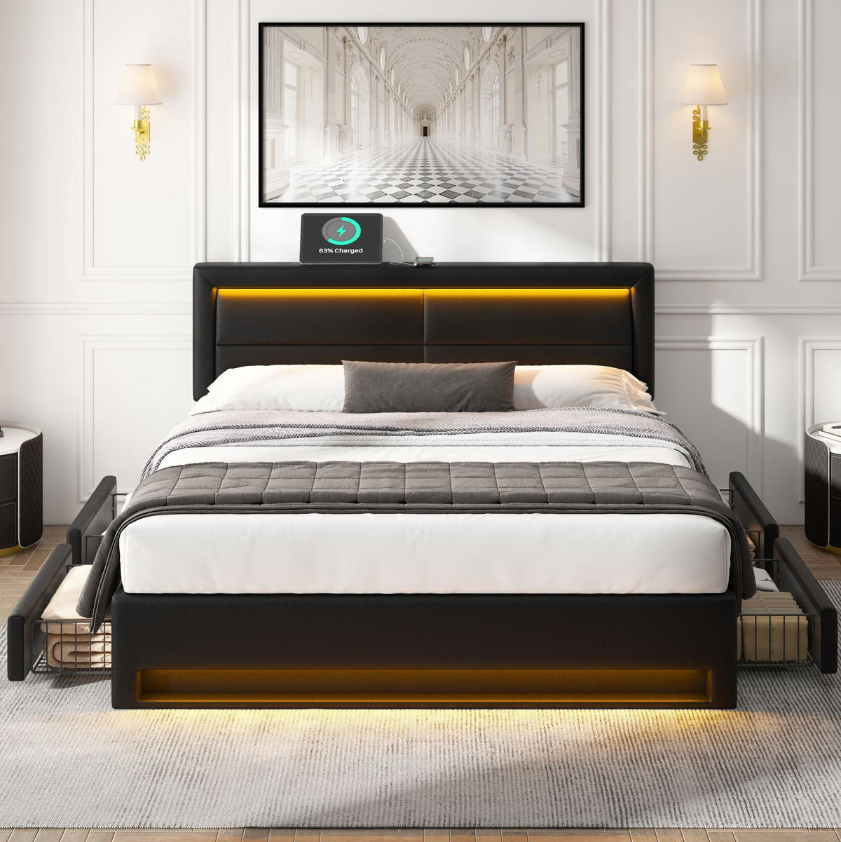 TAPECIRANI krevet 140/190 cm s LED osvjetljenjem, USB punjenjem i 4 ladice, Crna - crna, plastika (140/190cm) - Redom