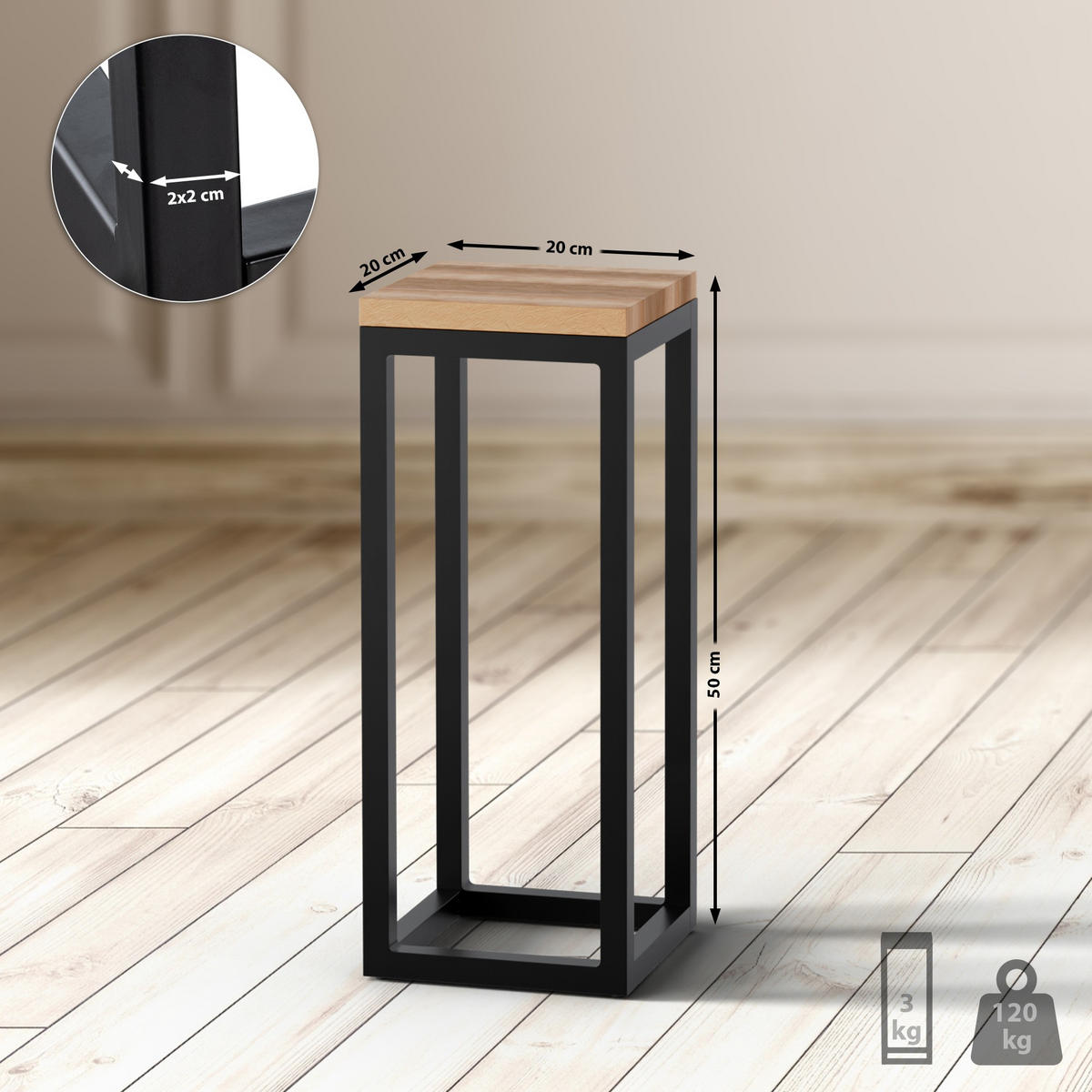 BEISTELLTISCH eckig 20/20/50 cm Holz Eiche - Eichefarben/Schwarz, Holz/Metall (20/20/50cm) - CLP