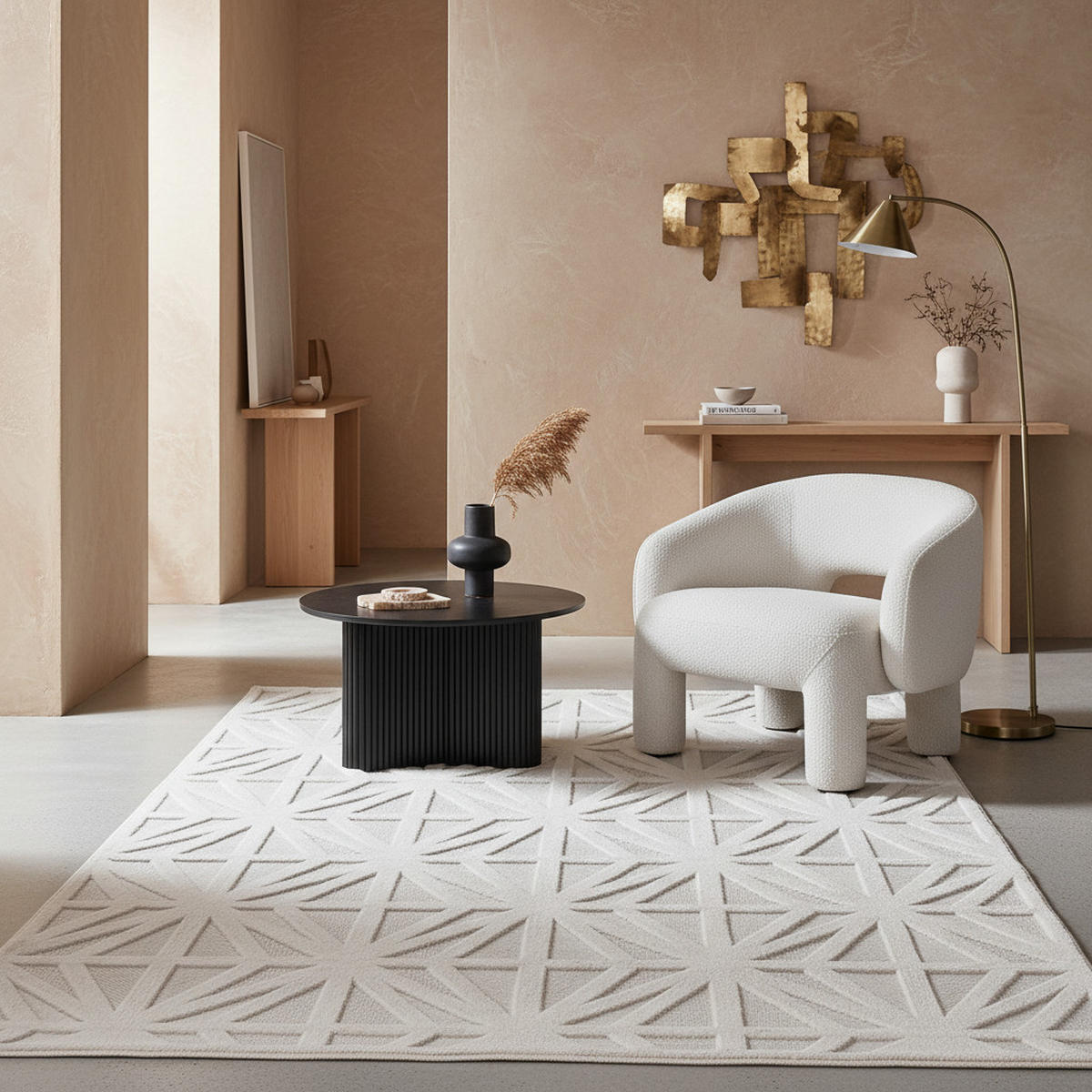 TEPPICH In-/Outdoor Kurzflor 3D-Effektfliesen Polypropylen Balkon Creme Rechteckig 280x370 - Beige, Textil (280/370cm) - KADIMA DESIGN