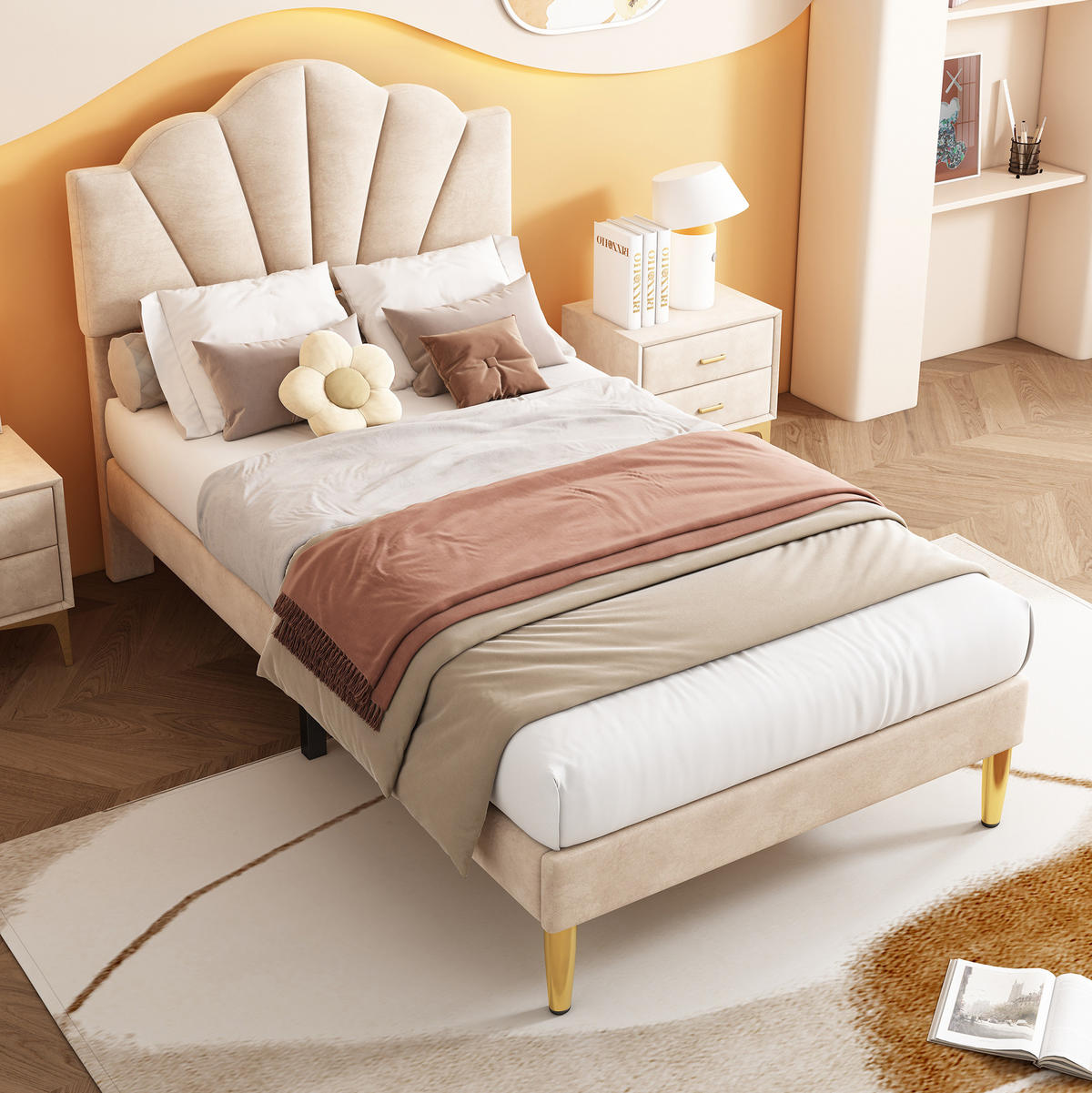 POLSTERBETT 90/200 cm Beige mit muschelartigem Kopfteil und höhenverstellbarem Kopfteil - Beige, Textil (90/200cm) - OKWISH