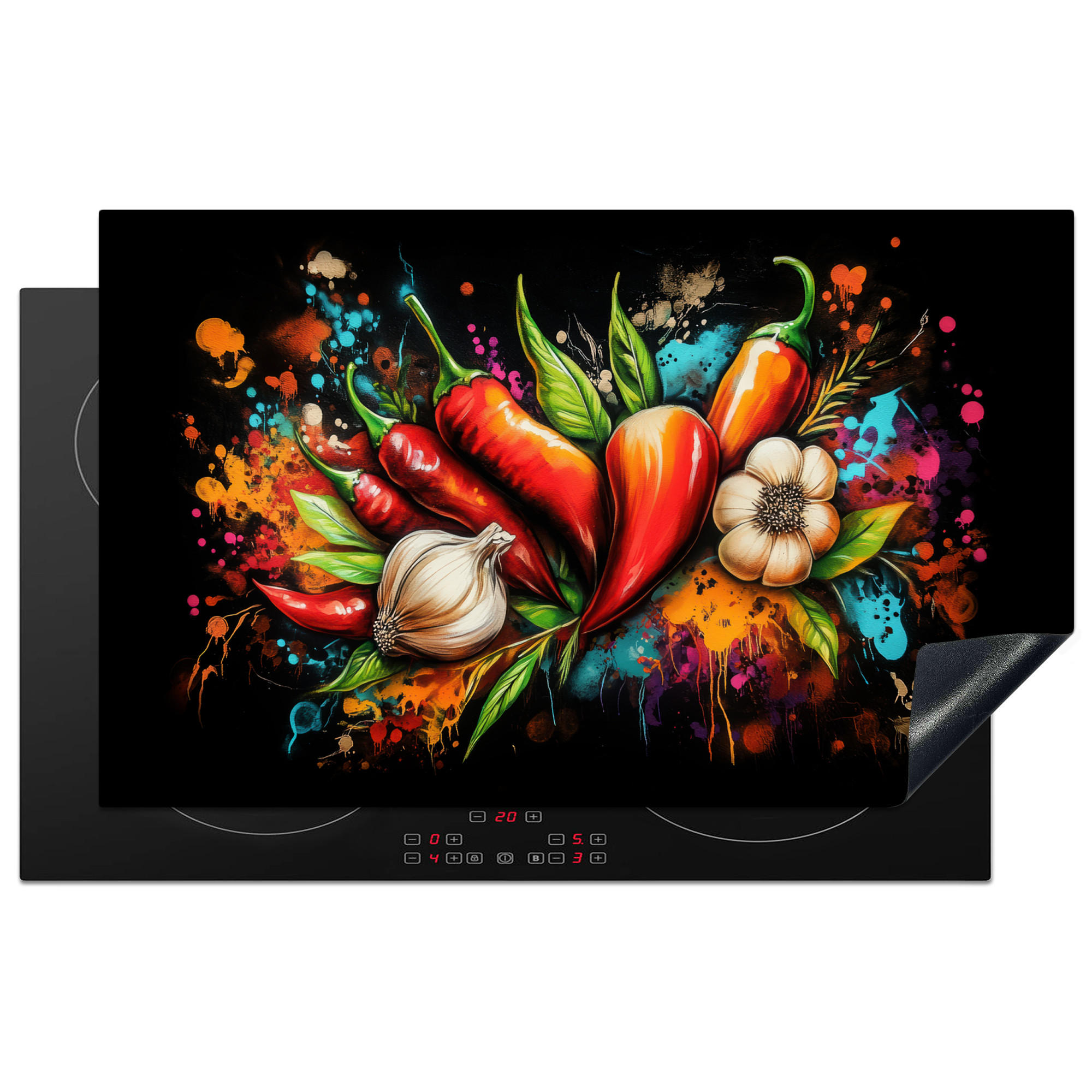 HERDABDECKPLATTE Gemüse - Paprika - Knoblauch - Graffiti - Farbe - Bunt 85x52 cm - Rot, Kunststoff (85/0.2/52cm) - MuchoWow