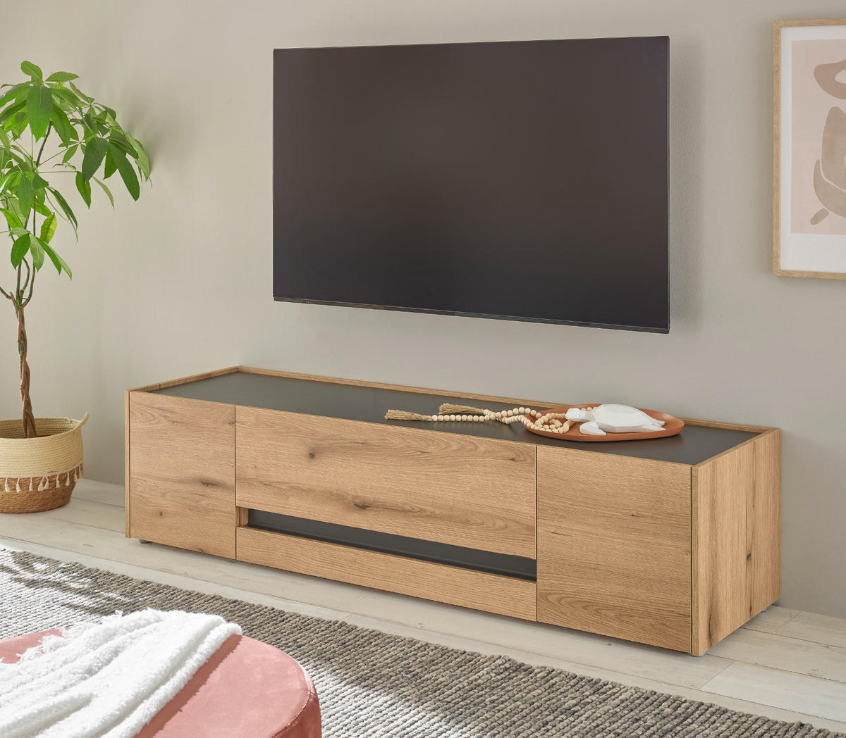 TV-LOWBOARD Eiche Evoke, grau 170 cm, Fernsehtisch mit viel Stauraum - Eichefarben/Schwarz, Holz/Holzwerkstoff (170/40/45cm) - Furn.Design