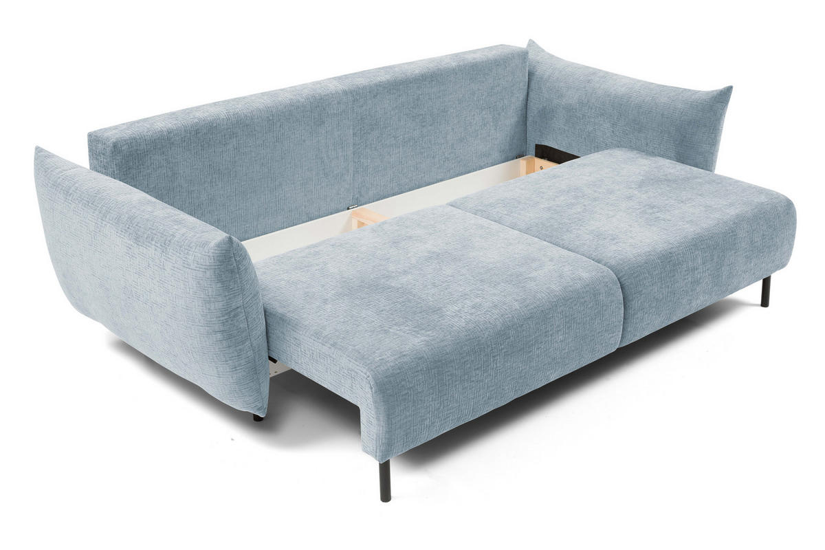 SOFA ADEL - Schlaffunktion Und Bettkasten, Wellenfederung, PUR-Schaum, Schwarze Metallfüße lose Rückenkissen, freistehend, 240x108x75 cm Light blue - Hellblau, Holz/Textil (240/75/108cm) - DomoHome