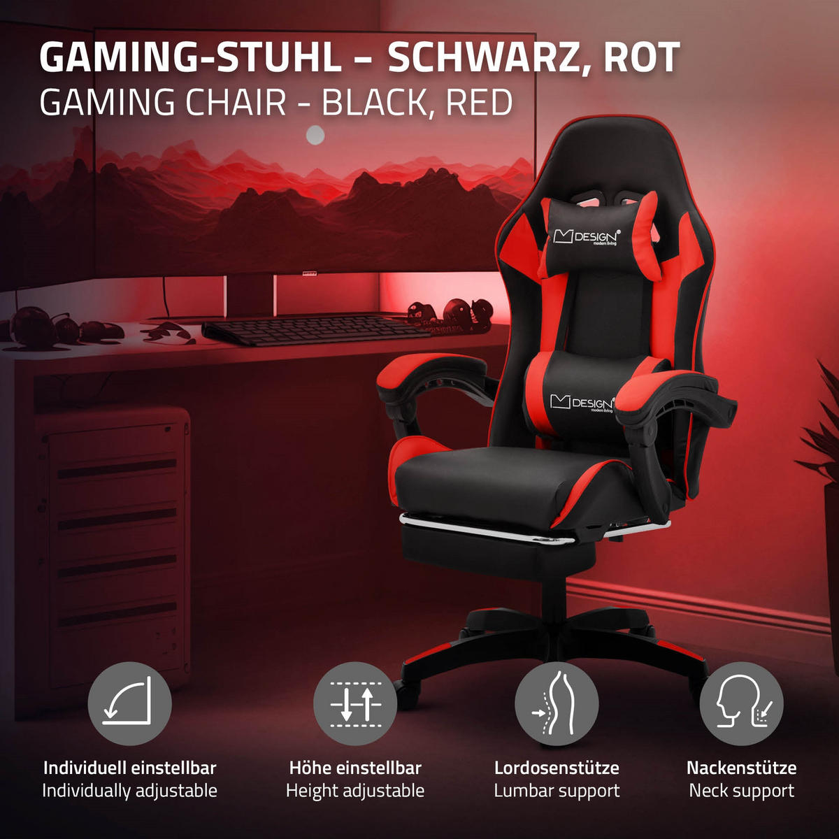 GAMING STUHL Schwarz-Rot aus Kunstleder - Rot/Schwarz, Kunststoff/Metall (62/119/62cm) - ML-DESIGN