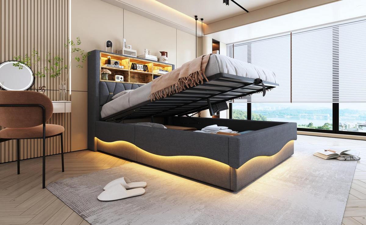 POLSTERBETT 140/200 cm Grau aus Leinen mit LED-Beleuchtung und Stauraum - Grau, Metall (140/200cm) - OKMYHOME
