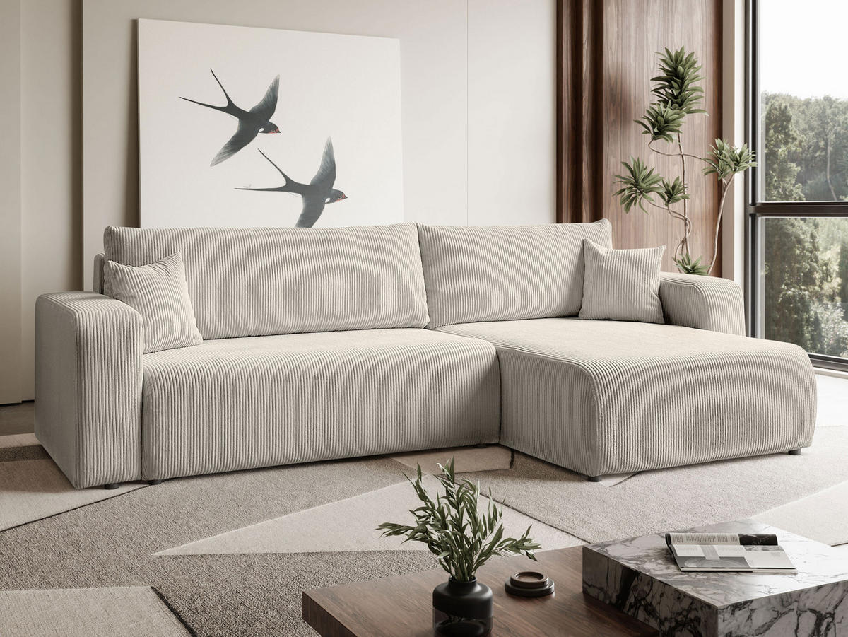 ECKSOFA Sofia in L-Form 277 x 143 cm Schlaffunktion Bettkasten Couch Cord universale Seite, cremig - Creme, Kunststoff (143/83/277cm) - Margaret Hadas24