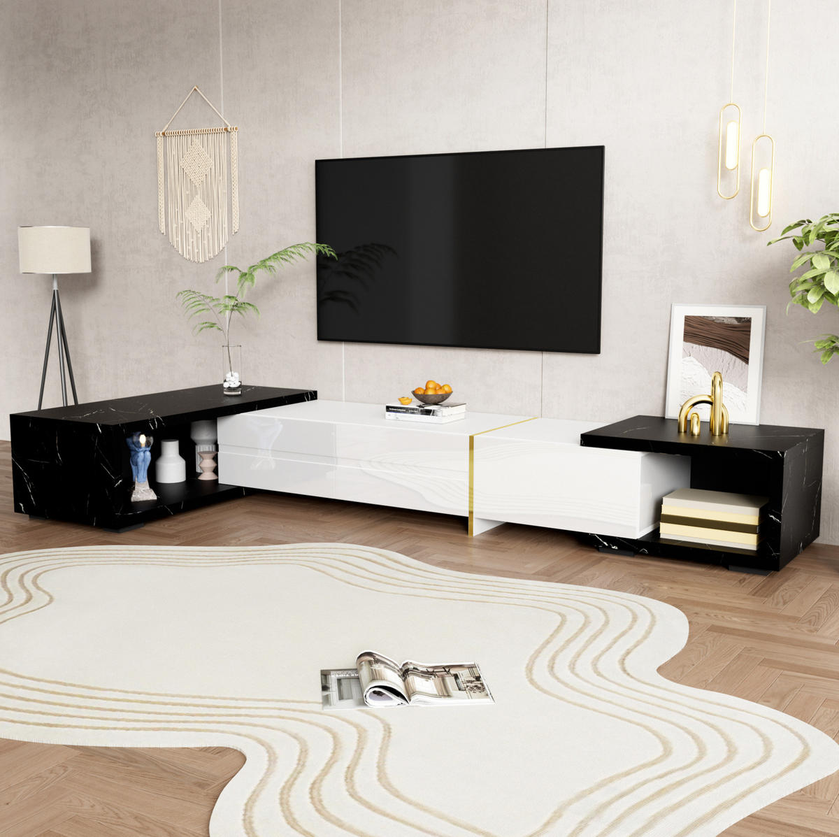 LOWBOARD 140/260 cm in Weiß/Schwarz aus MDF und Spanplatte drehbar - Weiß, Holzwerkstoff (40/30/260cm) - OKMYHOME