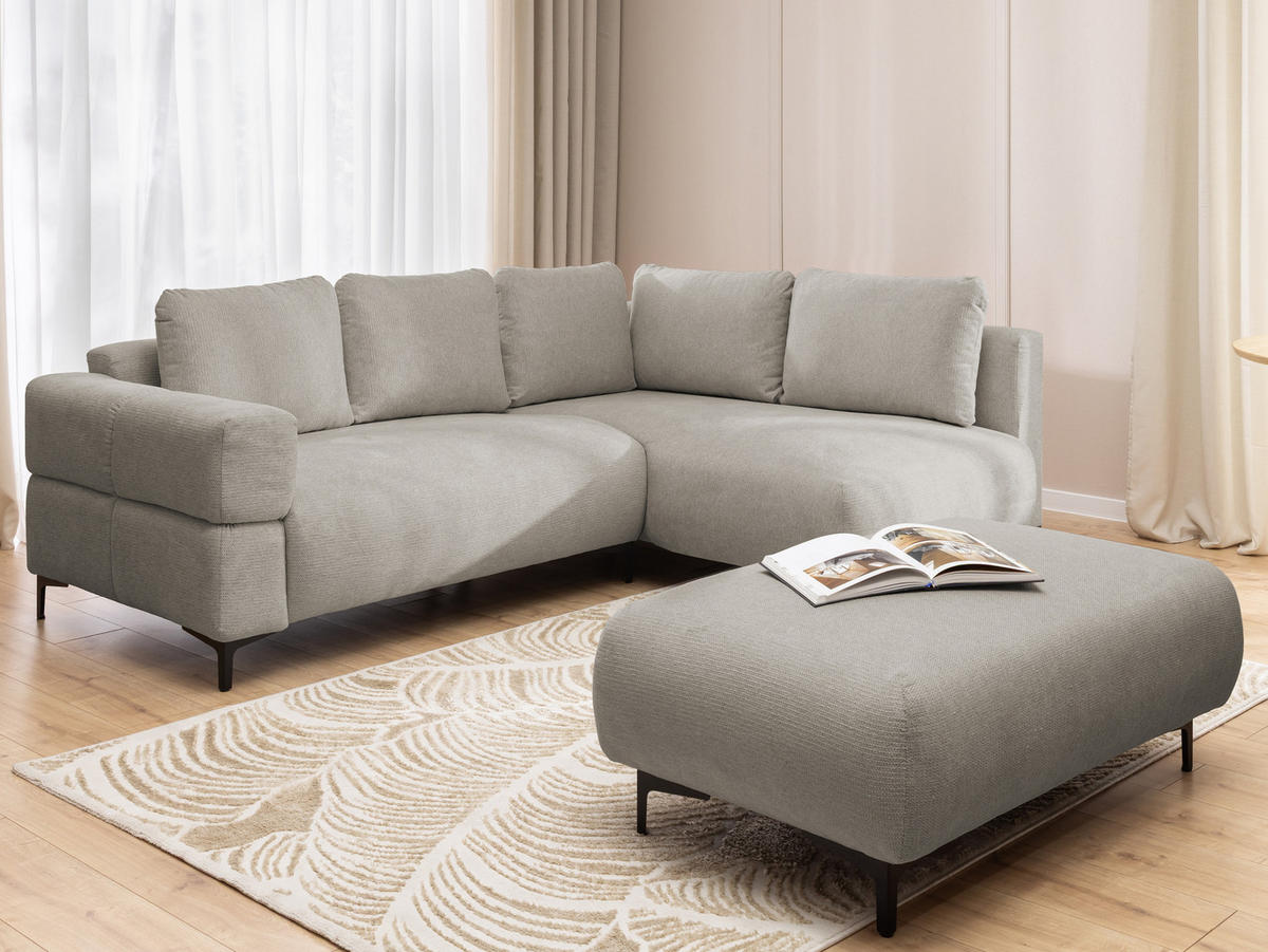 ECKSOFA inkl. Hocker Cardea mit Schlaffunktion in Bubble-Optik aus weichem Taupe Strukturstoff und hohem Sitzkomfort - Ottomane rechts - Taupe/Schwarz, Holz/Textil (230/170cm) - S-Style Möbel