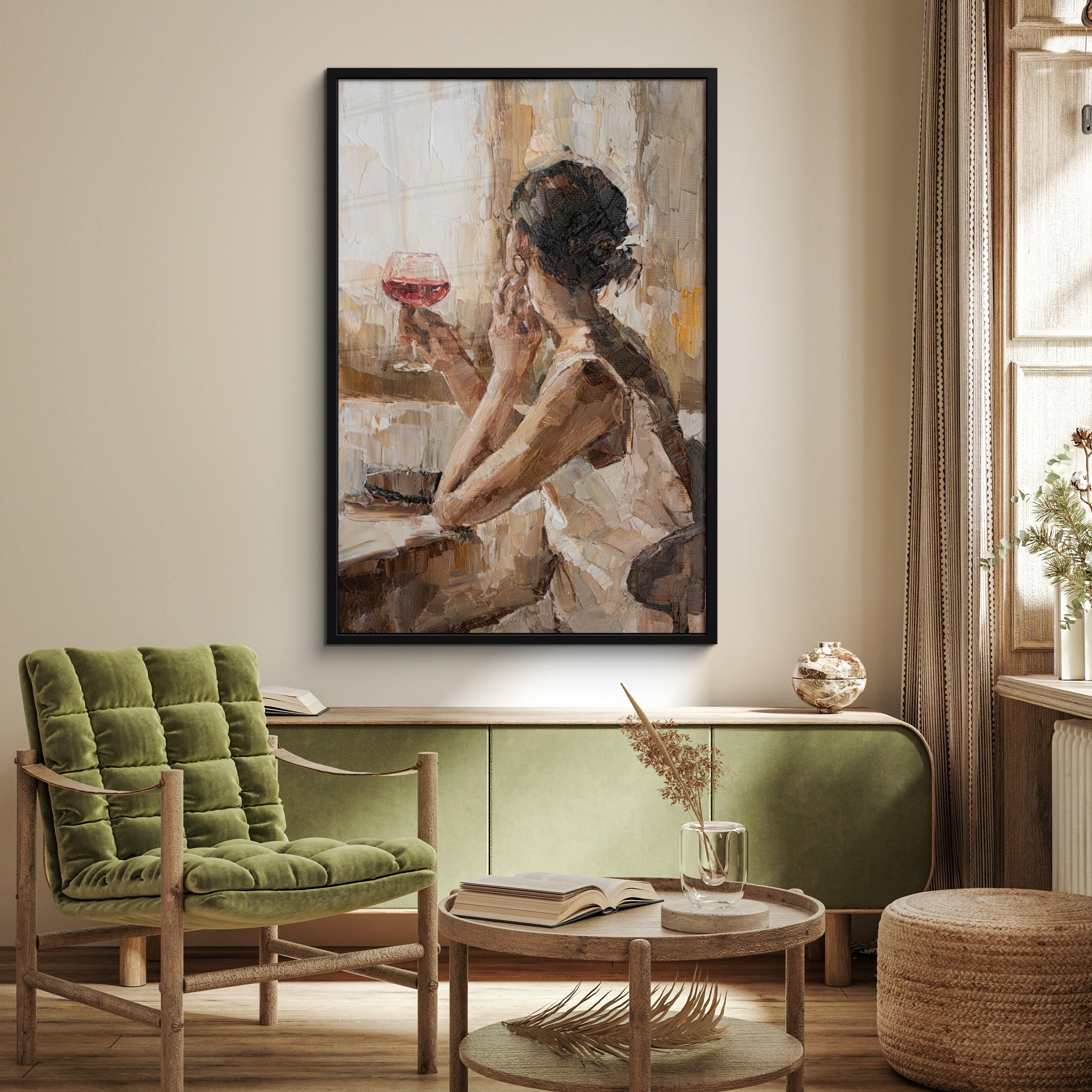 GERAHMTES BILD Ölgemälde - Frau - Wein 80x120 cm - Hellbraun, Papier (80/120cm) - MuchoWow