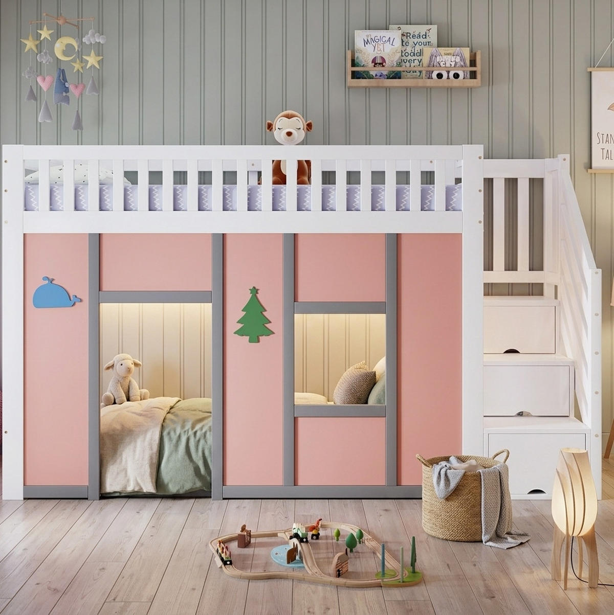 HALBHOHES Bett 90x200 cm in Weiß/Pink mit Stauraumtreppe und LED - Rosa, Holz (90/200cm) - Flora Grace