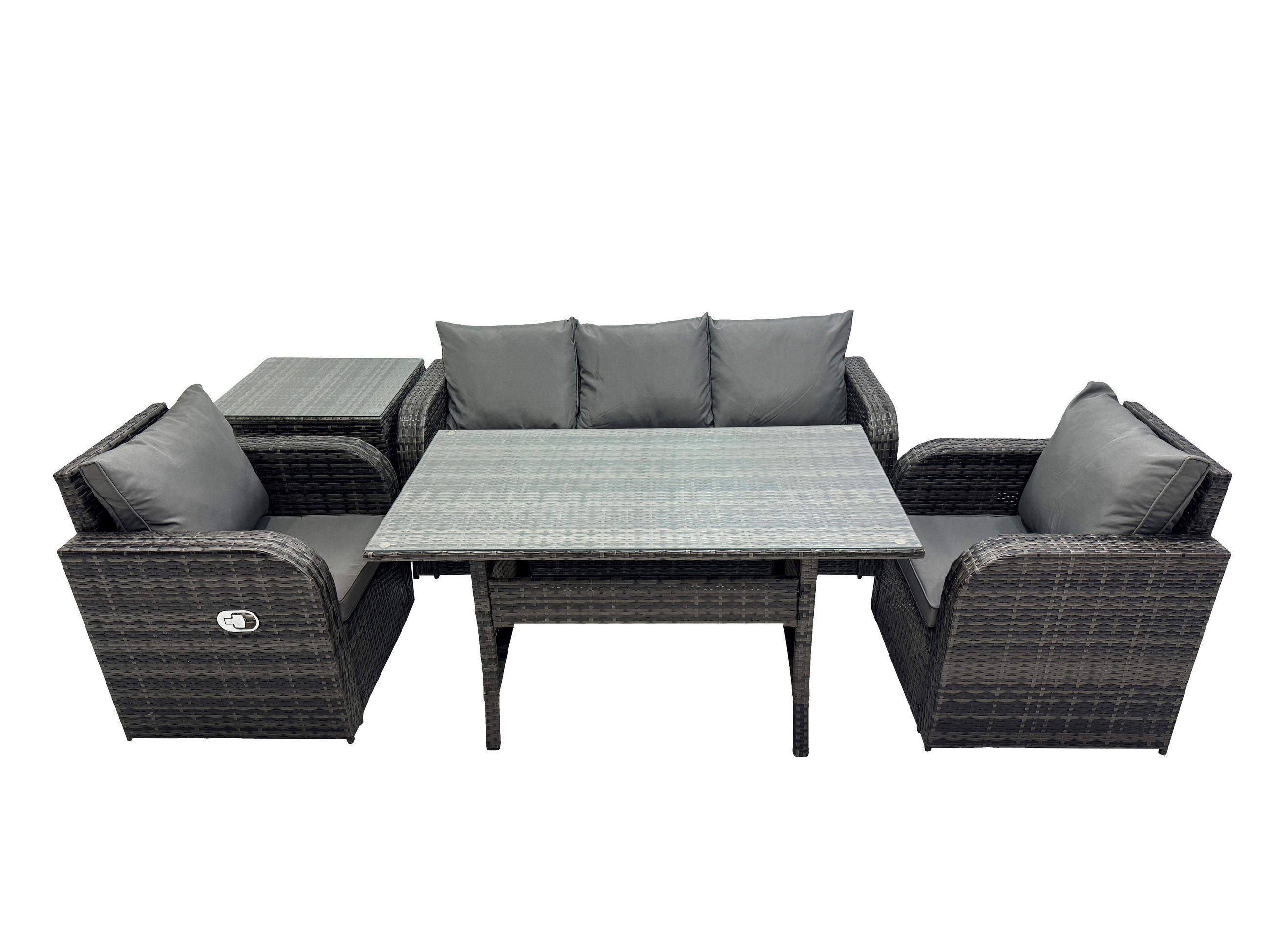 GARTENSET mit 3-Sitzer-Sofa,Beistelltisch,Esstisch Polyrattan 5-Sitzer - Dunkelgrau/Grau, Glas/Kunststoff - Fimous